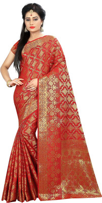 Hinayat Fashion Self Design, Printed, Embroidered, Embellished, Woven Banarasi Cotton Silk, Silk Blend Saree(Red)