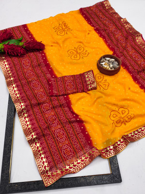 Kanooda Prints Printed Leheria Georgette Saree(Yellow)