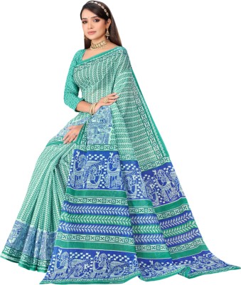 karishma sarees Printed Daily Wear Pure Cotton Saree(Light Blue, Light Green)