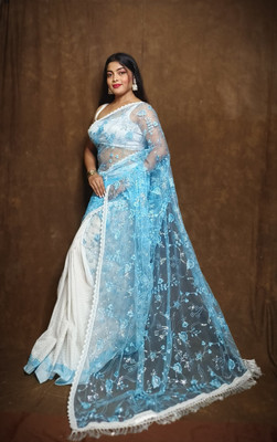 Mondal saree center Printed Daily Wear Net Saree(Blue, White)