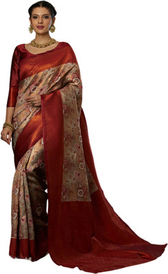 Pranjal Printed, Woven Bandhani Silk Blend Saree(Brown, Beige)