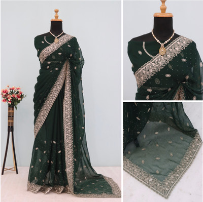 ZOYAL ENTERPRISE Embroidered Bollywood Organza Saree(Green)