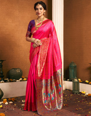 Divastri Woven, Embellished Paithani Silk Blend, Jacquard Saree(Pink)