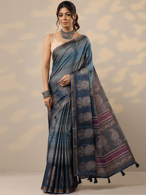 LIBAS Printed Daily Wear Cotton Blend Saree(Blue)