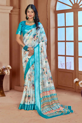 Ethnic Trendz Floral Print Saree with Attached Blouse Cotton Linen Saree(Multicolor)