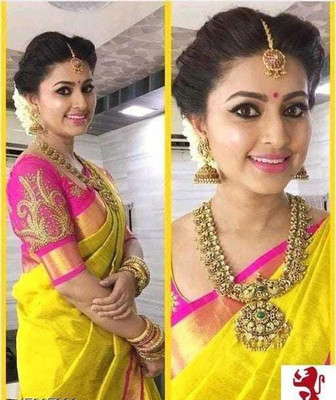 Pooja Designer Wear Striped, Solid/Plain Bollywood Cotton Silk Saree(Yellow)
