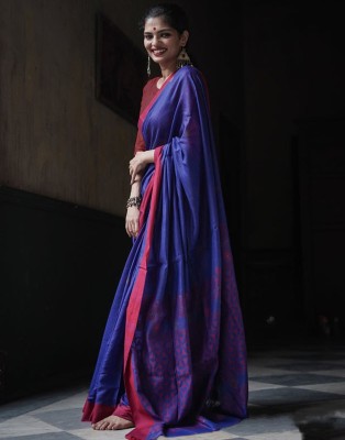 Satrani Woven, Self Design, Embellished Banarasi Cotton Silk, Jacquard Saree(Dark Blue, Red)