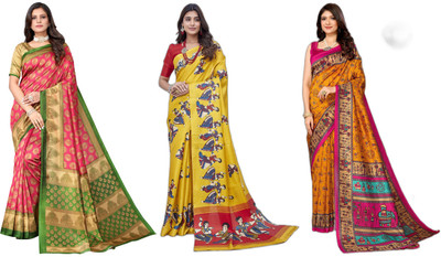 YASHIKA Printed, Woven Kanjivaram Art Silk Saree(Pack of 3, Pink, Yellow)