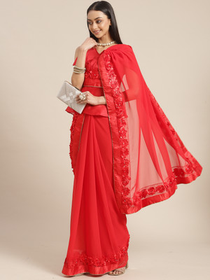 Tasrika Solid/Plain Handloom Georgette Saree(Red)