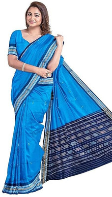 handloom paridhaan Dyed, Temple Border Handloom Pure Cotton Saree(Blue)