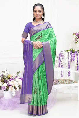 DHARMRAJ ENTERPRISE Digital Print Kalamkari Crepe Saree(Green, Purple)