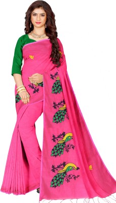 DipDiya Embroidered Handloom Cotton Blend Saree(Pink)