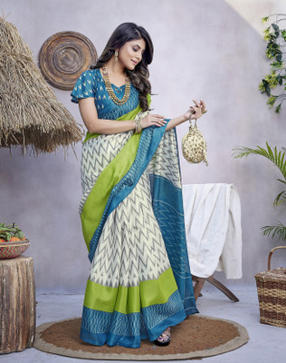 Kjs Printed Ikkat Cotton Blend Saree(Multicolor)