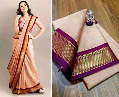 ns collection Applique Paithani Cotton Silk Saree(Beige)