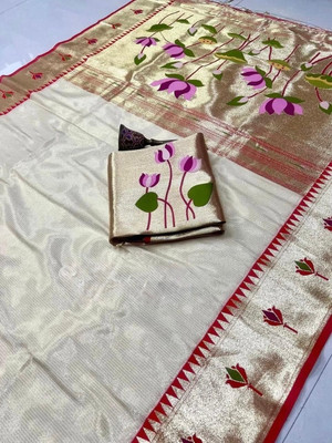 Tirath Floral Print Paithani Silk Blend Saree(Cream, Gold, Red)