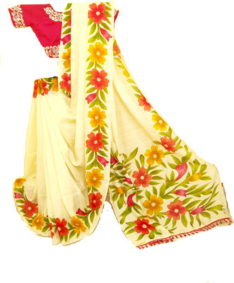MS IMPERIAL COLLECTION Floral Print Daily Wear Handloom Linen, Silk Blend Saree(Cream, Multicolor)