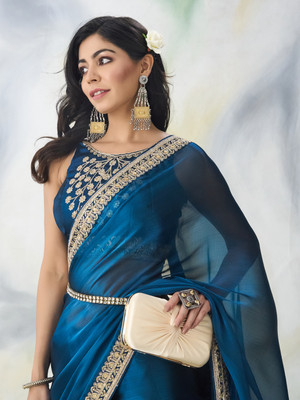 KASEE Solid/Plain Bollywood Chiffon Saree(Blue)