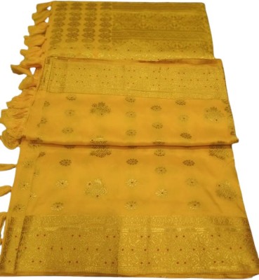 Palkicreationse Printed, Self Design Banarasi Cotton Silk Saree(Yellow)