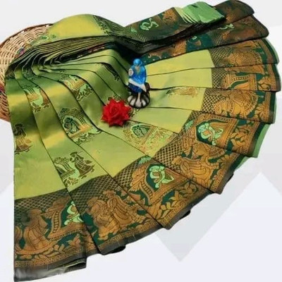 KanjiQueen Woven Kanjivaram Silk Blend, Pure Silk Saree(Light Green, Dark Green)
