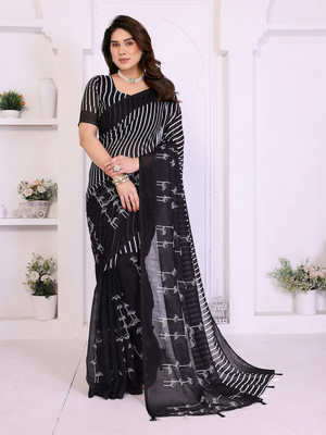 Moda Rapido Striped Bollywood Cotton Blend Saree(Black)