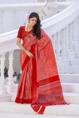 Anmi Printed Daily Wear Crepe Saree(Red)