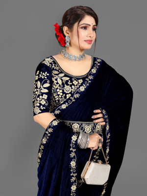 hutah Self Design Daily Wear Velvet, Lycra Blend Saree(Dark Blue)