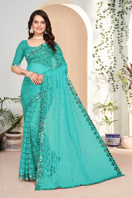 MAA CREATION Embellished Bollywood Net Saree(Light Blue)