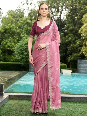 Ethina Fashion Embroidered Bollywood Chiffon Saree(Pink)