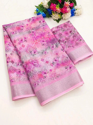 TANURI Floral Print Bollywood Cotton Linen, Cotton Silk Saree(Pink)