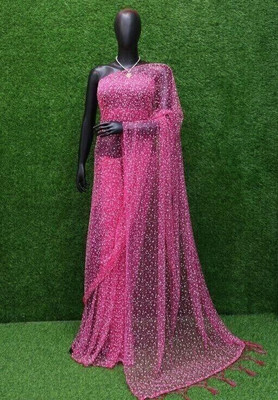 Silkbazar Printed Banarasi Net Saree(Pink)