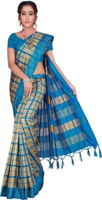 Shaibo saree Checkered Daily Wear Cotton Silk Saree(Light Blue)