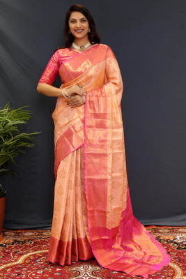 ALPENIKA Embellished Kanjivaram Jacquard, Silk Blend Saree(Cream)