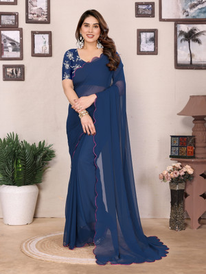 REDFISH Embroidered Bollywood Georgette Saree(Blue)