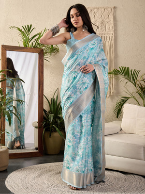 Sareemall Digital Print Chinnalapattu Cotton Blend Saree(Light Blue, White)