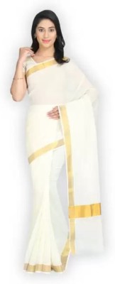 Samskruti Solid/Plain Bollywood Cotton Blend Saree(Cream, Gold)