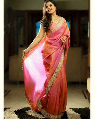 Noise Embroidered Bollywood Net Saree(Orange)