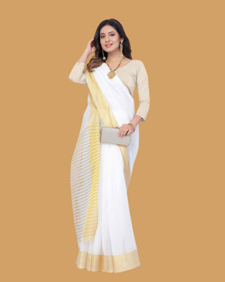 BrahamTraders Woven Kasavu Pure Cotton Saree(White)