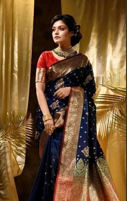 SareesGlobal Embroidered Banarasi Art Silk Saree(Dark Blue)