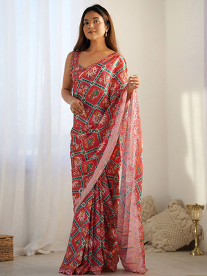 Divastri Floral Print Bollywood Georgette Saree(Red)