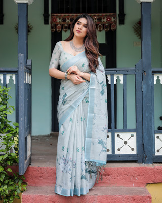 DHAYNAAND REEWA FASHION Floral Print Banarasi Linen Saree(Multicolor)