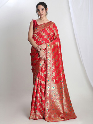Janasya Woven Banarasi Silk Blend Saree(Red)