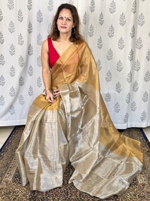 Tasrika Solid/Plain Kasavu Tissue Saree(Beige)