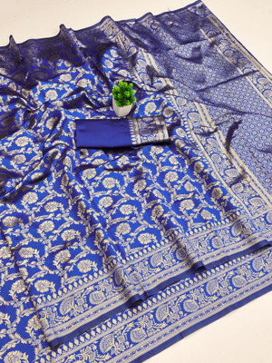 HARLESARIYA Embroidered, Printed, Floral Print, Woven Kanjivaram Silk Blend Saree(Blue)