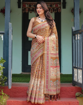 Tasrika Floral Print, Printed, Embellished Handloom Linen Saree(Yellow, Mustard)