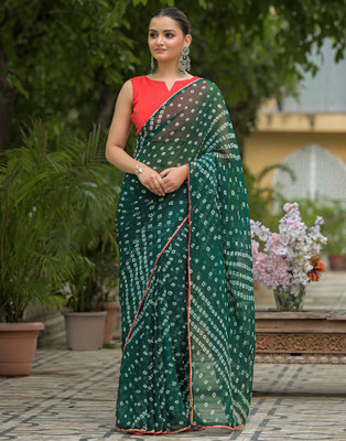 Samah Printed Bandhani Chiffon, Georgette Saree(Dark Green)