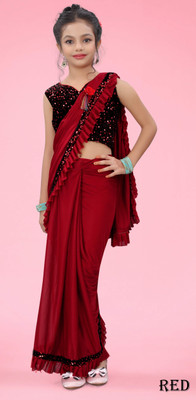 VRAJTEX FAB Embellished Bollywood Lycra Blend Saree(Red, Black)