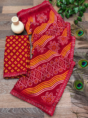 Anand Sarees Embellished Saree with Attached Blouse Georgette, Lace Saree(Red, Yellow)