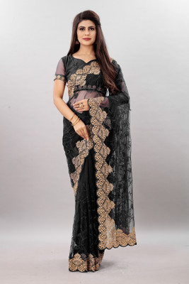 YARA CREATION Embroidered Bollywood Net Saree(Black)