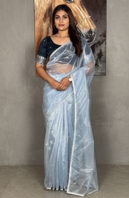 RUCHKET Embroidered Bollywood Net Saree(Light Blue)