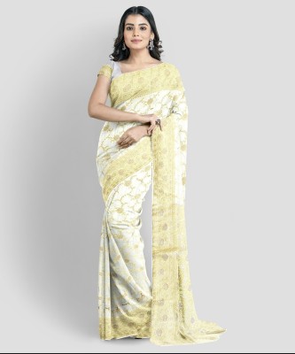 Taj Weaves Printed Banarasi Silk Blend Saree(White)